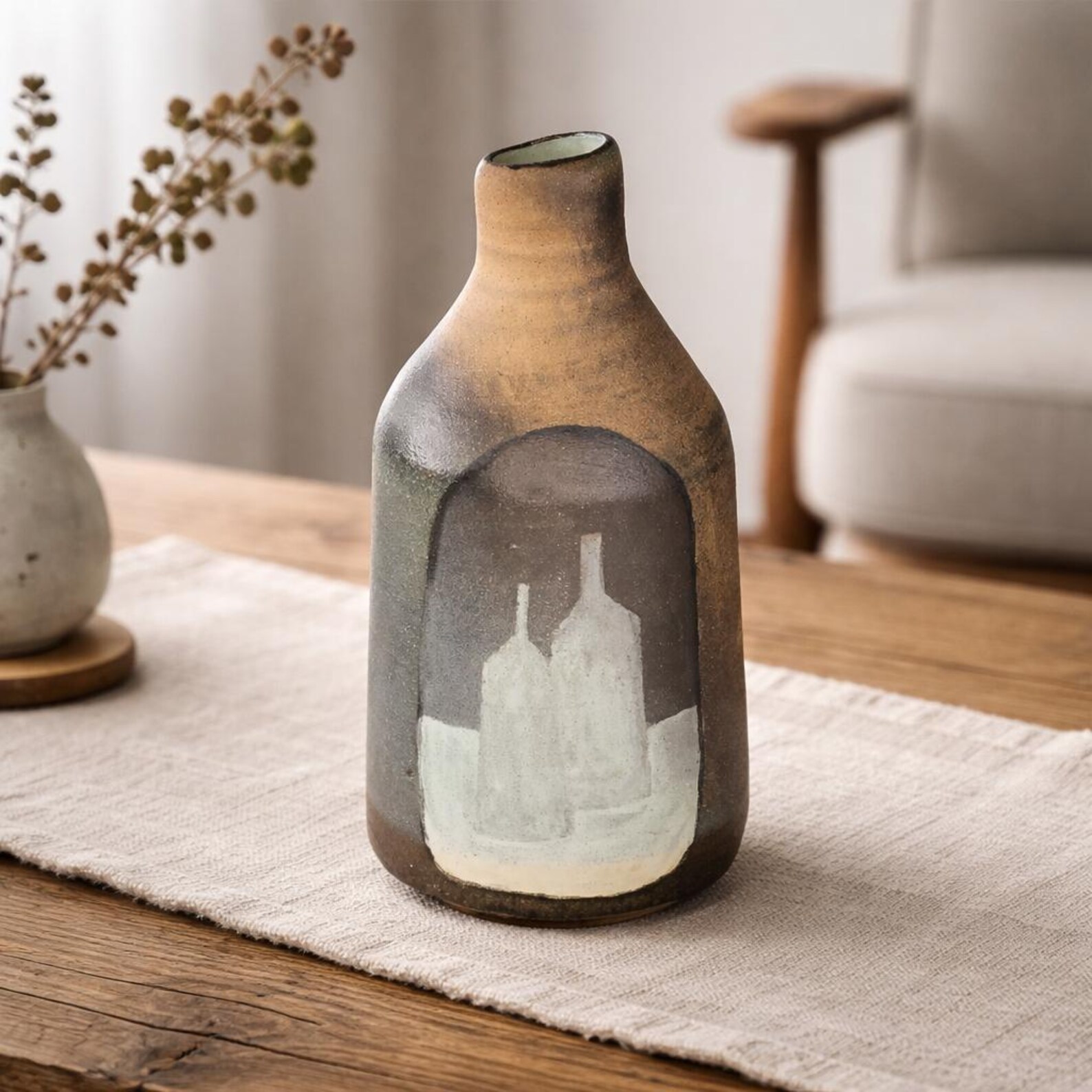 Hand-painted mid-century modern ceramic bottle vase