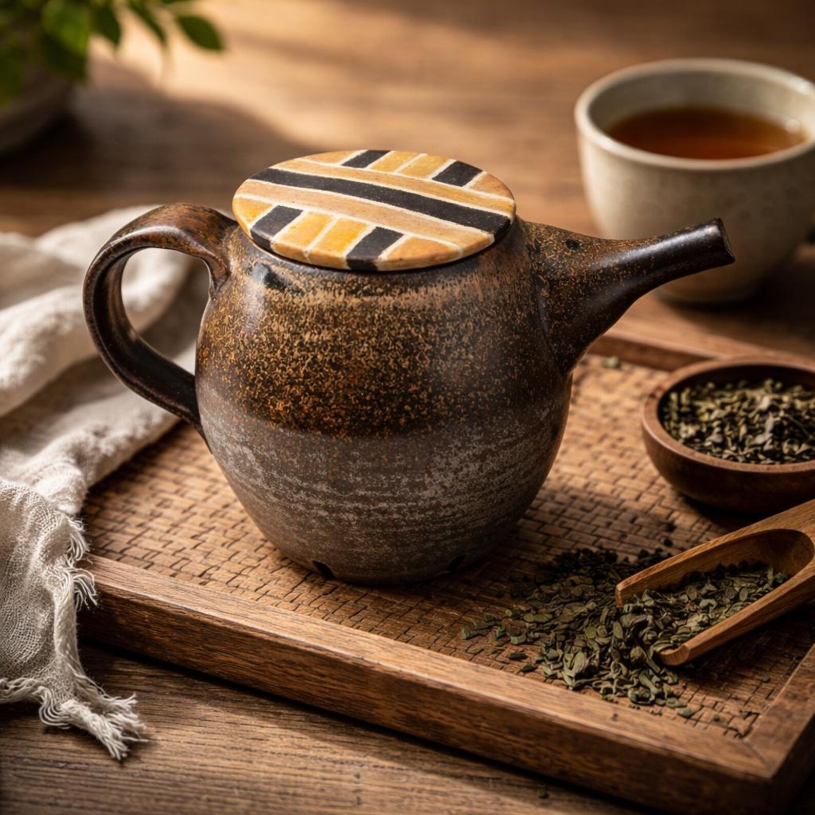 Handmade dark brown ceramic teapot